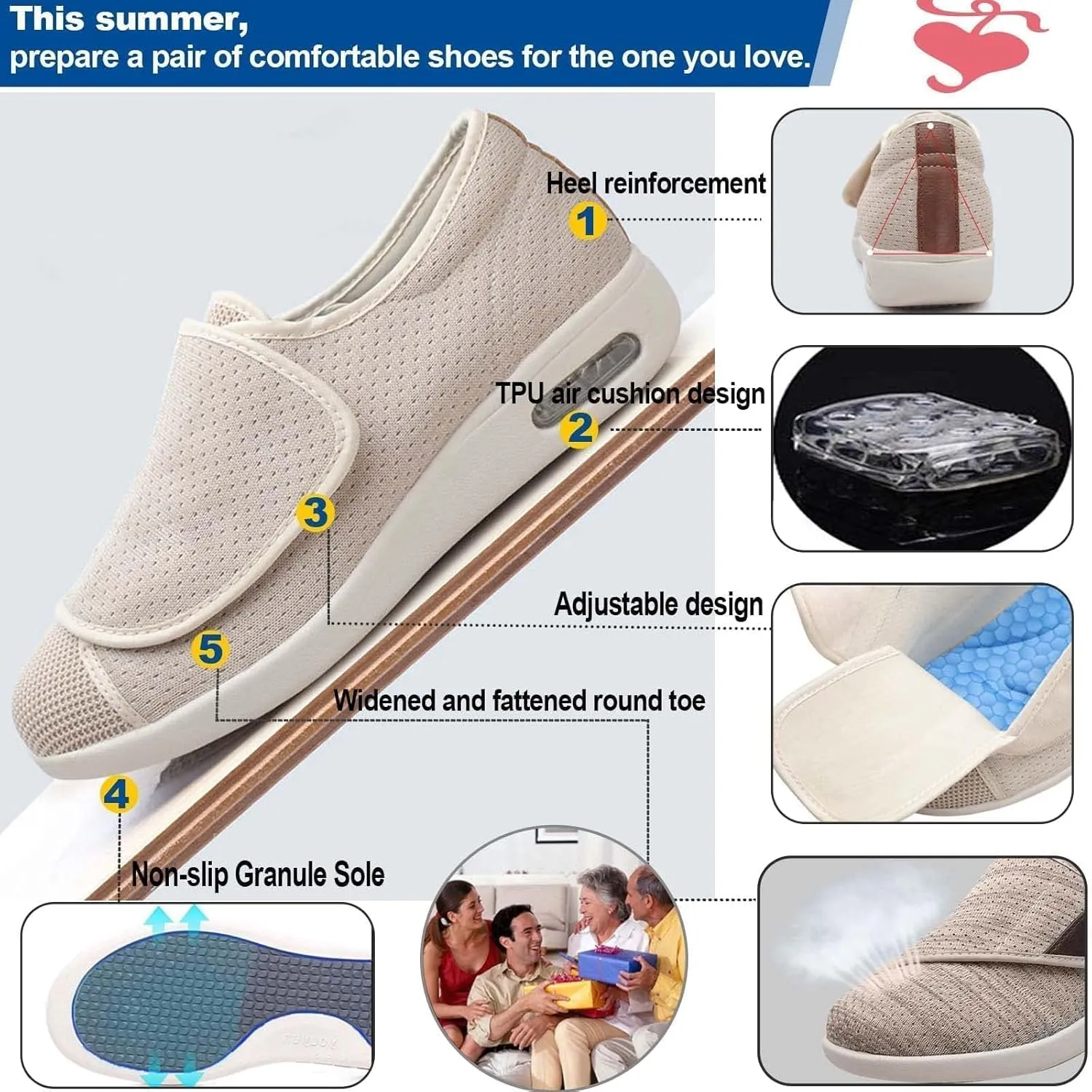 Diabetic Shoes Width Shoe for Elderly Women,Adjustable Closure Lightweight Breathable Swollen Feet Walking Edema Sneakers