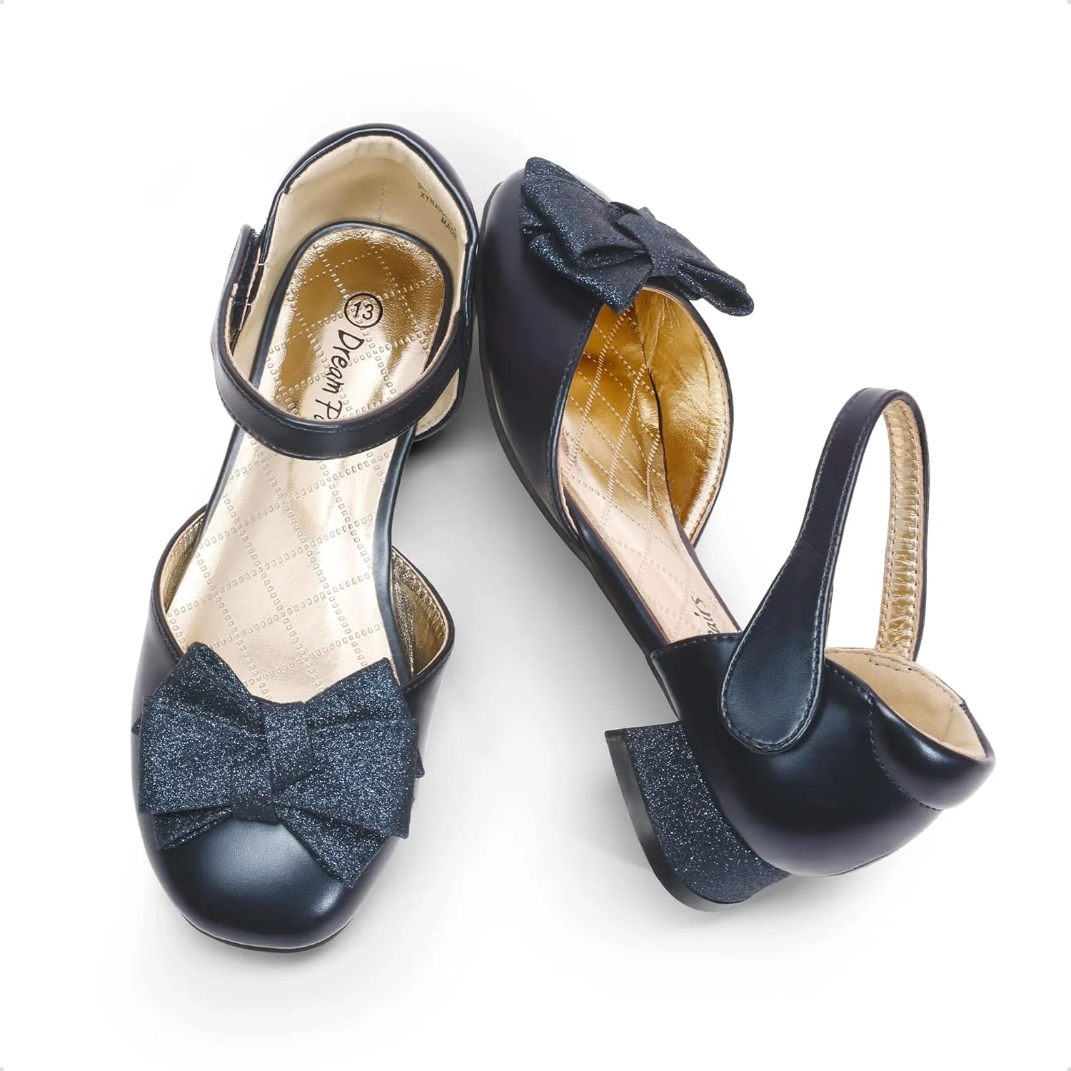 DREAM PAIRS Girls Dress Shoes Closed Toe Low Heels Ankle Strap Bow Ballet Wedding Party Sandals Princess Flower Shoes
