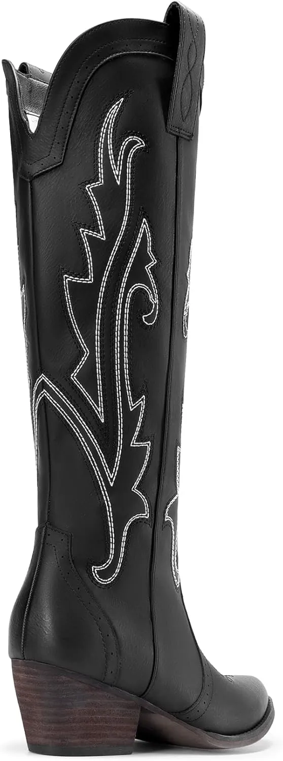 DREAM PAIRS Womens Cowboy Knee High Boots Comfortable Pull On Side Zipper Chunky Heel Embroidered Western Cowgirl Boots Retro Tall Boot