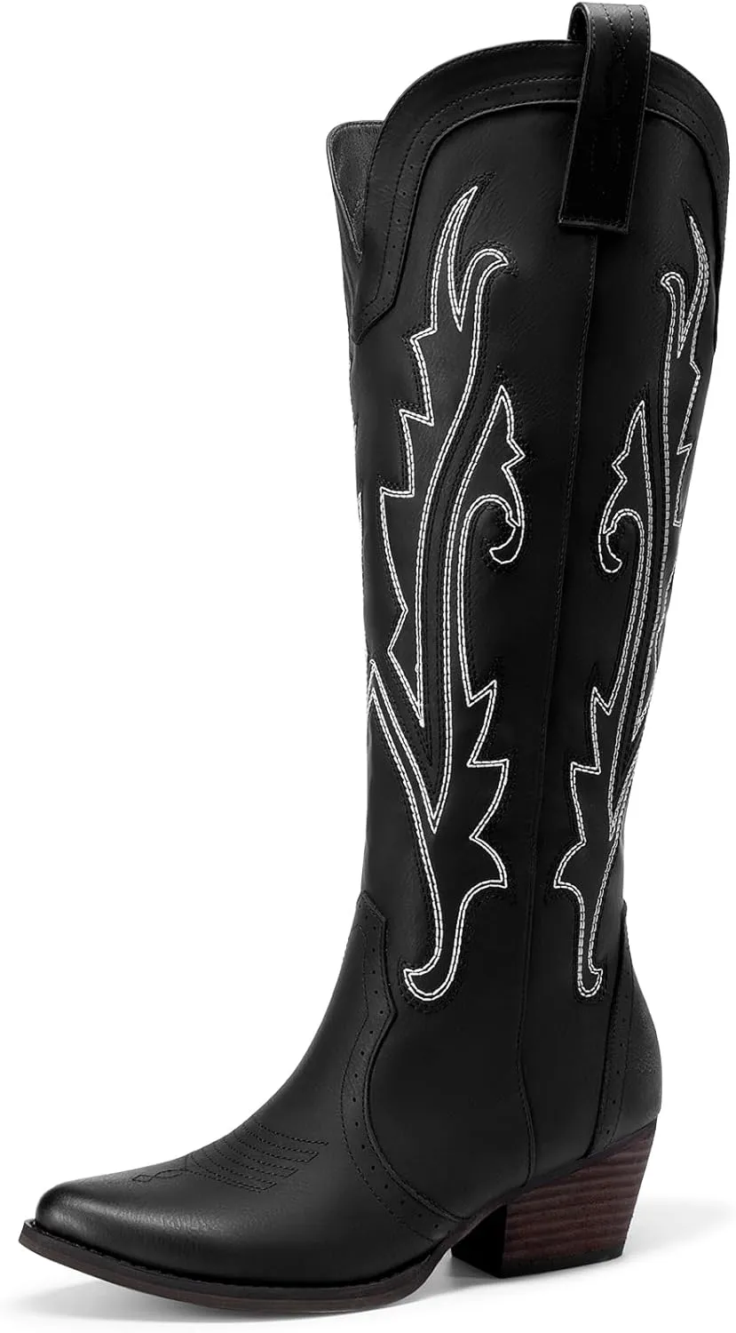 DREAM PAIRS Womens Cowboy Knee High Boots Comfortable Pull On Side Zipper Chunky Heel Embroidered Western Cowgirl Boots Retro Tall Boot