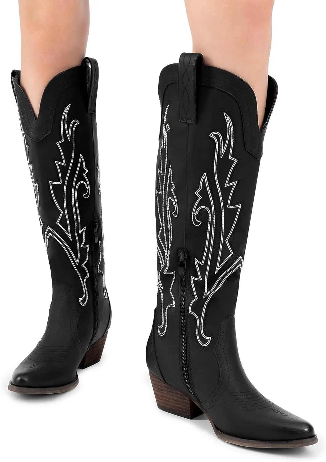 DREAM PAIRS Womens Cowboy Knee High Boots Comfortable Pull On Side Zipper Chunky Heel Embroidered Western Cowgirl Boots Retro Tall Boot