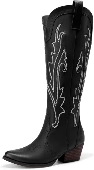 DREAM PAIRS Womens Cowboy Knee High Boots Comfortable Pull On Side Zipper Chunky Heel Embroidered Western Cowgirl Boots Retro Tall Boot