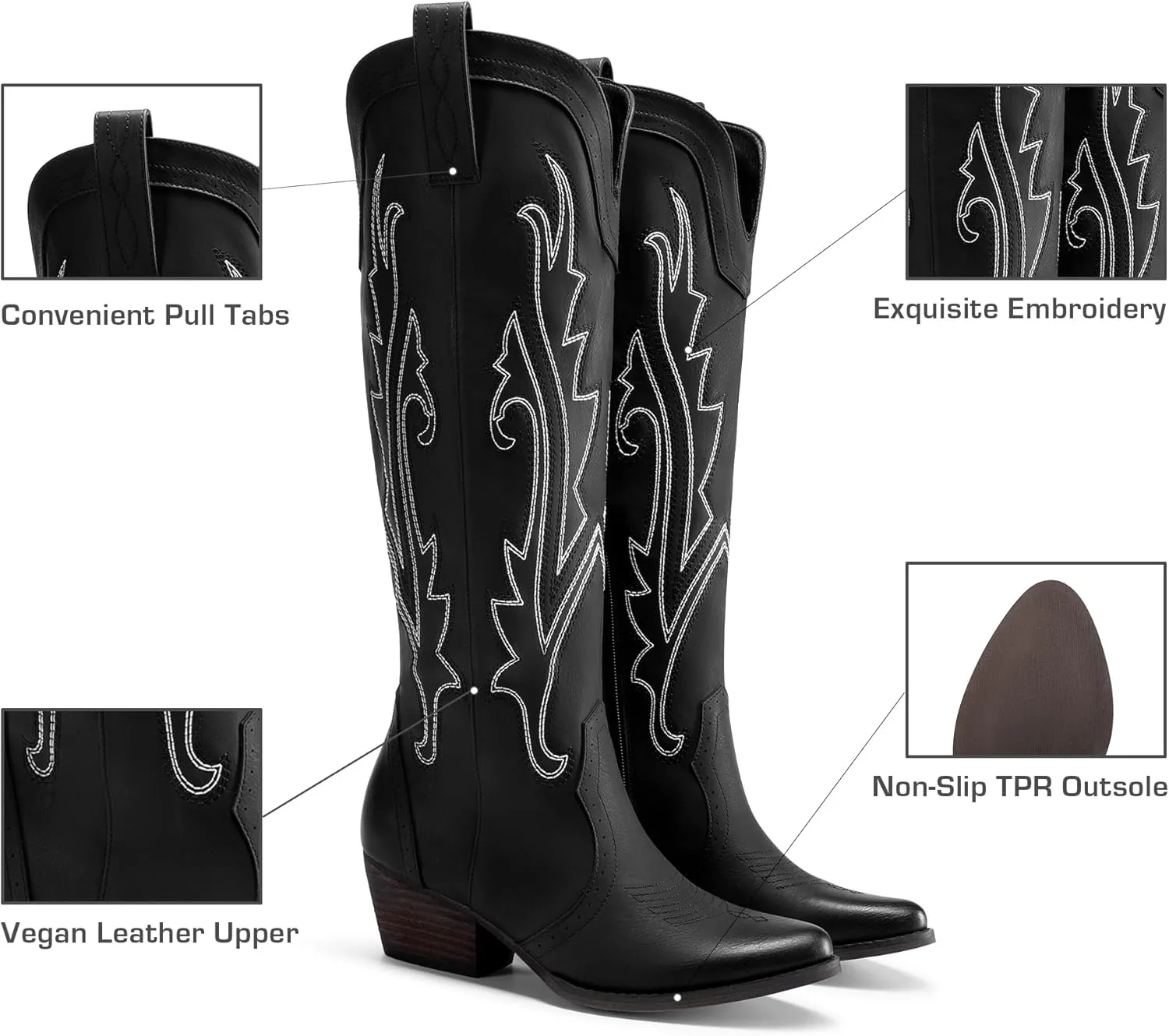 DREAM PAIRS Womens Cowboy Knee High Boots Comfortable Pull On Side Zipper Chunky Heel Embroidered Western Cowgirl Boots Retro Tall Boot