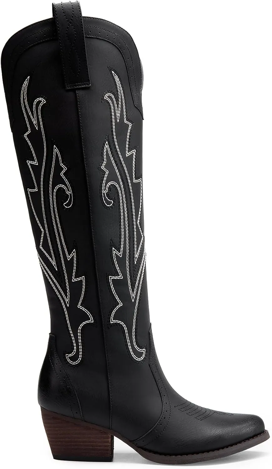 DREAM PAIRS Womens Cowboy Knee High Boots Comfortable Pull On Side Zipper Chunky Heel Embroidered Western Cowgirl Boots Retro Tall Boot