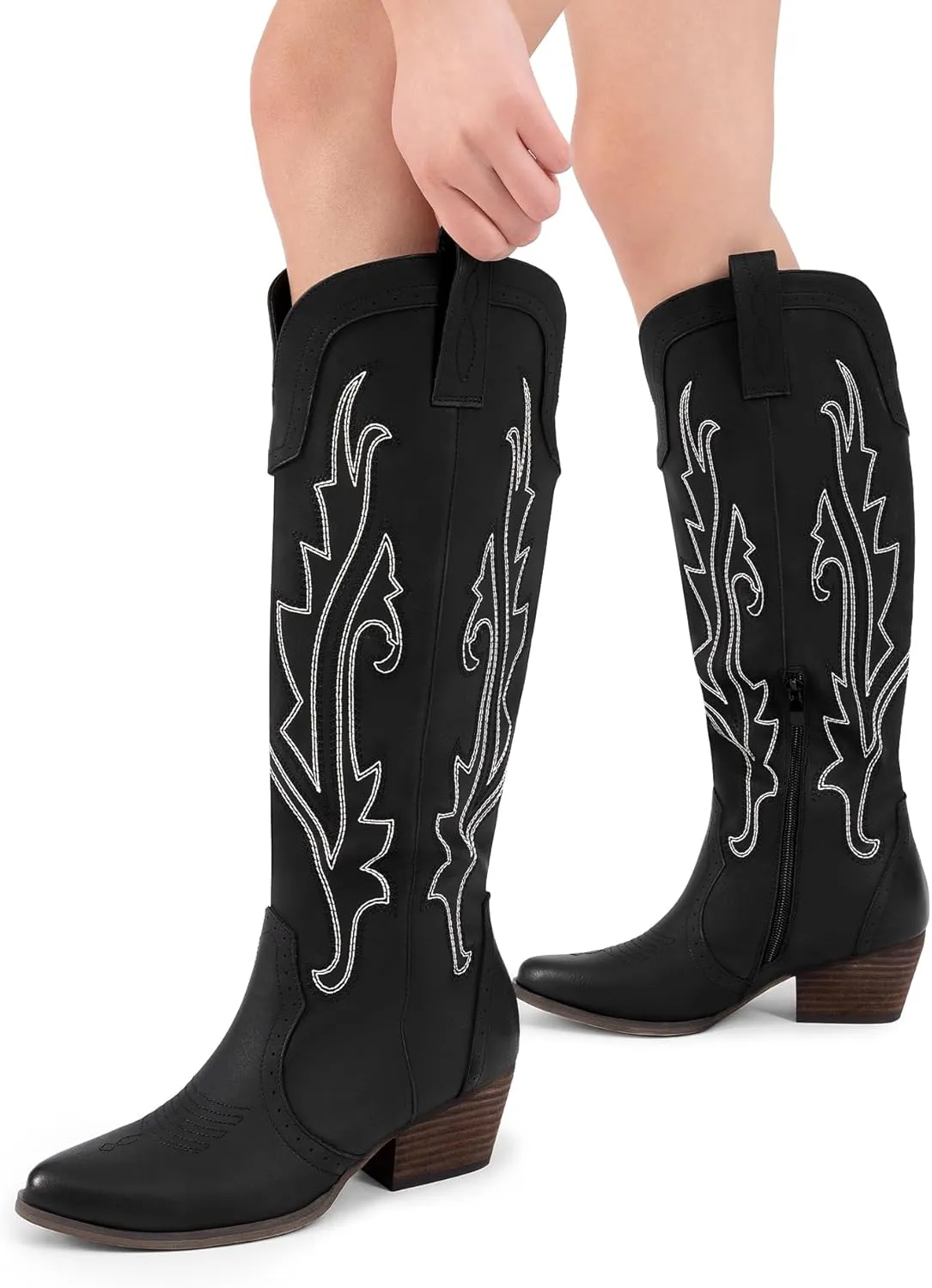 DREAM PAIRS Womens Cowboy Knee High Boots Comfortable Pull On Side Zipper Chunky Heel Embroidered Western Cowgirl Boots Retro Tall Boot