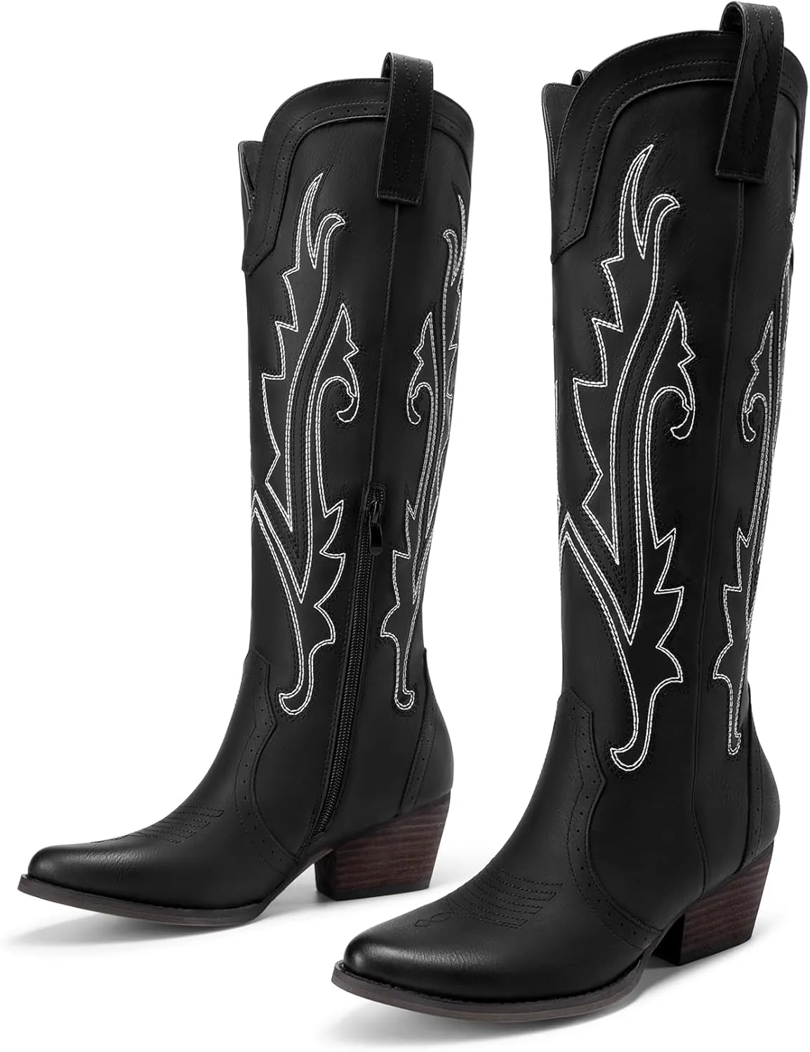 DREAM PAIRS Womens Cowboy Knee High Boots Comfortable Pull On Side Zipper Chunky Heel Embroidered Western Cowgirl Boots Retro Tall Boot