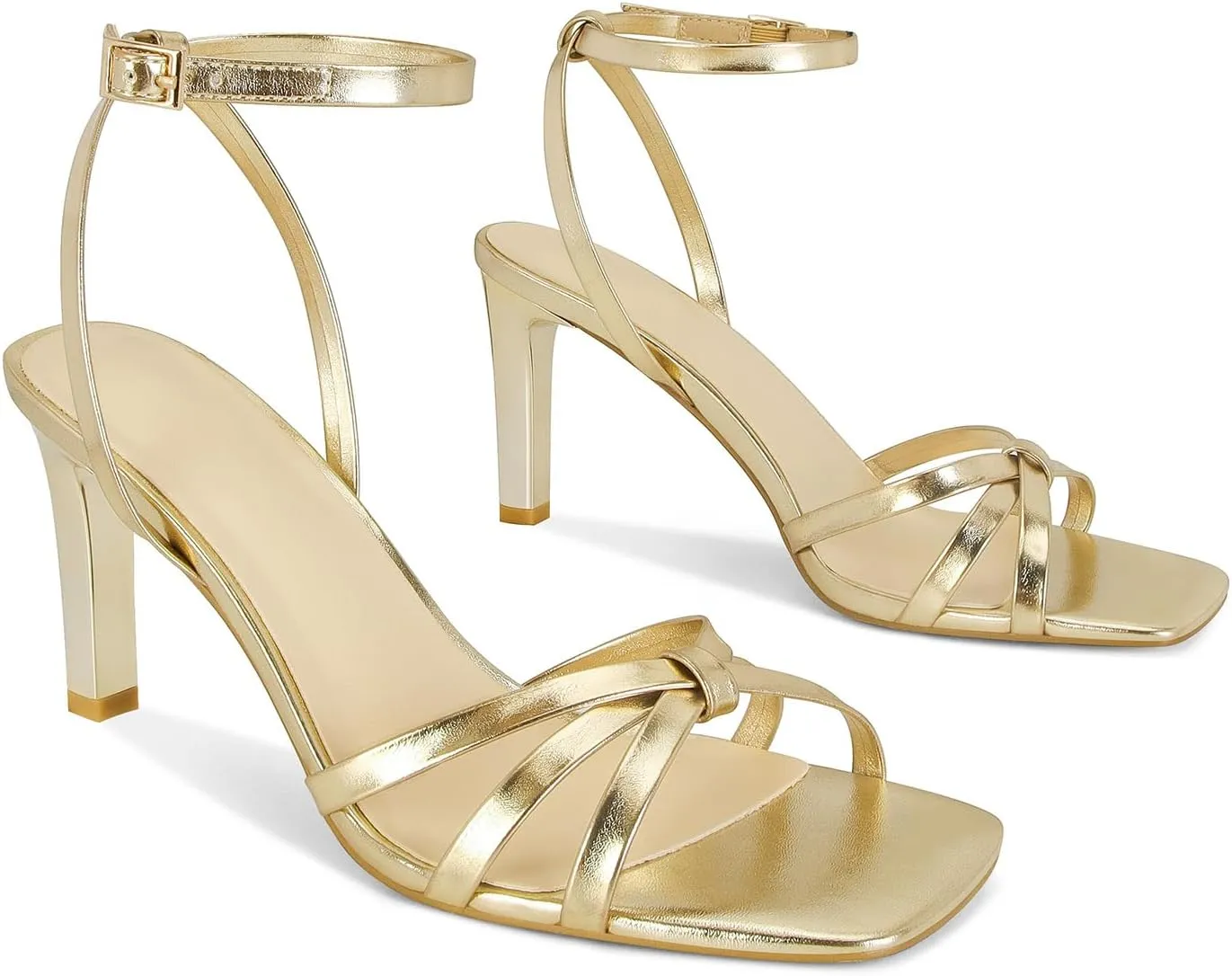 Dsevht Gold Heels for Women Dressy Gold Strappy Bow Heeled Sandals Square Open Toe High Heels Sexy Metallic Dress Shoes for Wedding