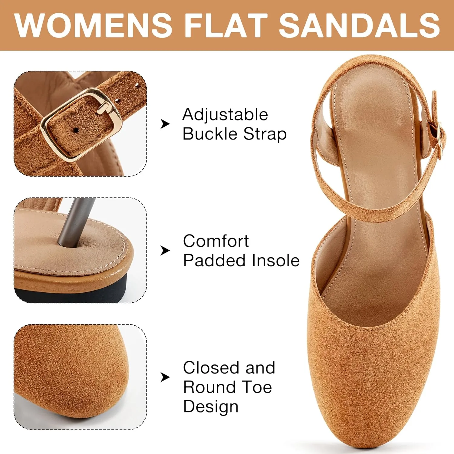 Ecetana Womens Flats Sandals Dressy Summer Comfortable Casual Fashion Round Toe Slingback Shoes with Buckle Ankle Strap