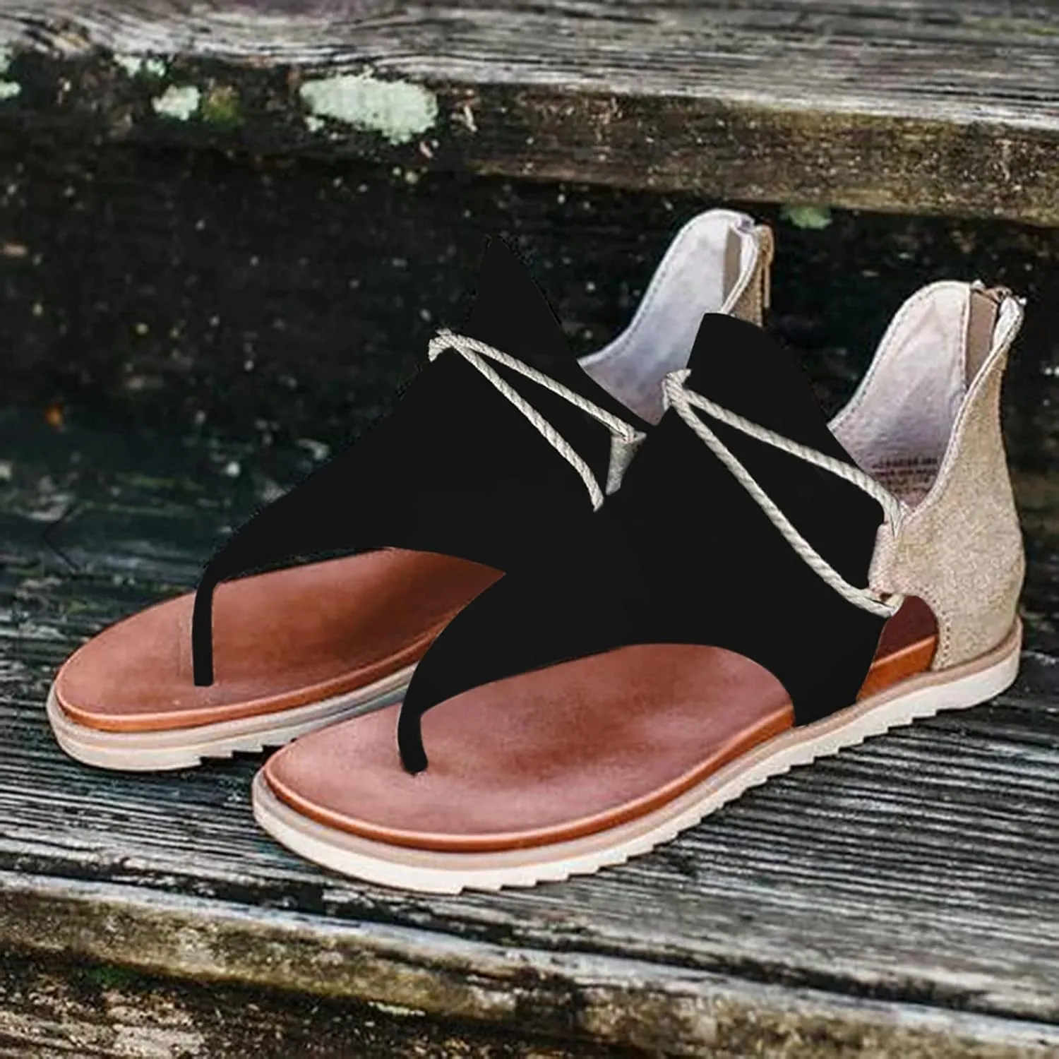 Eduavar Sandals for Women Dressy Summer, Gladiator Sandals for Women Flat Open Toe Flip Flops Suede Sandals Zip Up Sandals
