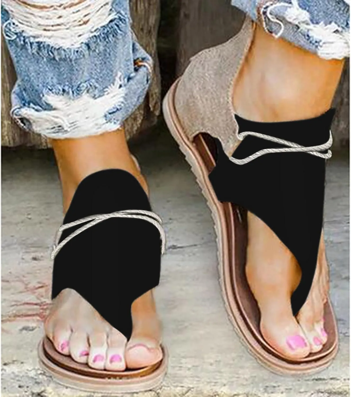 Eduavar Sandals for Women Dressy Summer, Gladiator Sandals for Women Flat Open Toe Flip Flops Suede Sandals Zip Up Sandals