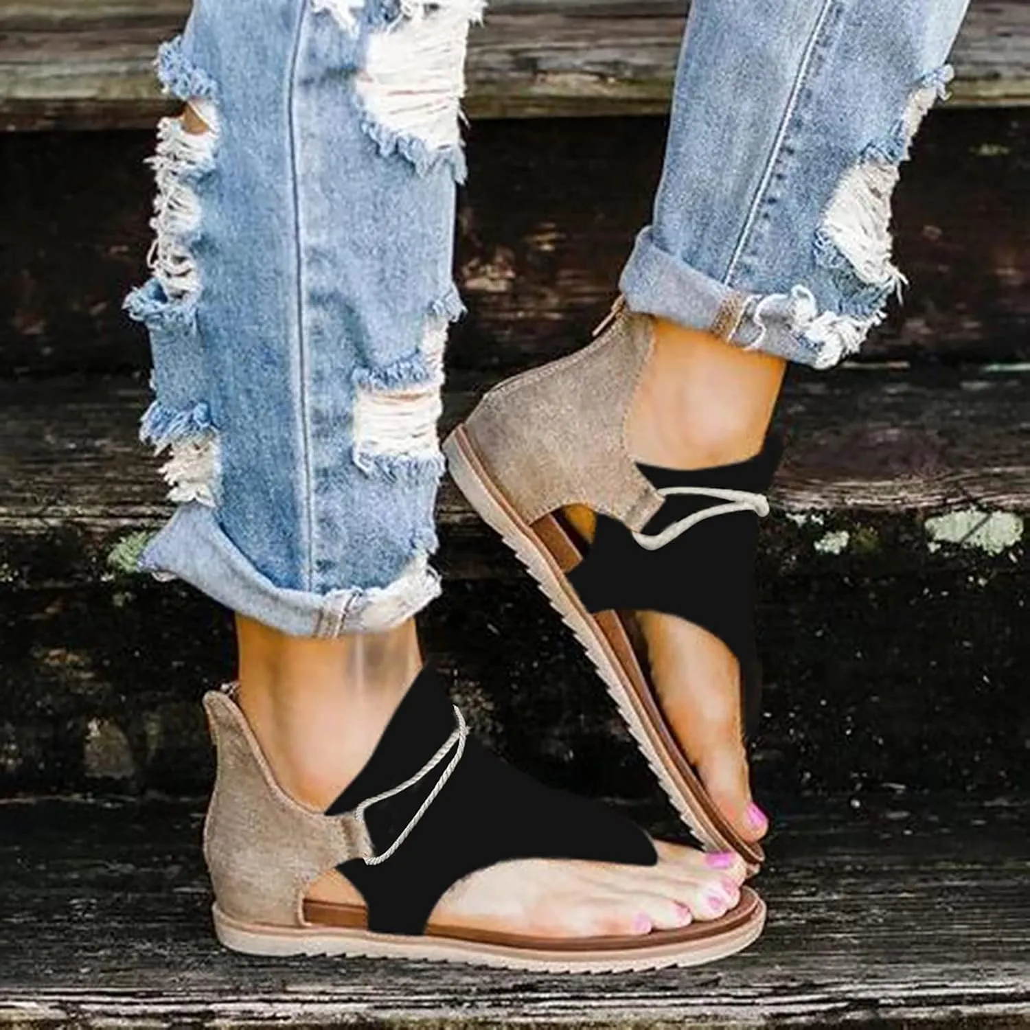 Eduavar Sandals for Women Dressy Summer, Gladiator Sandals for Women Flat Open Toe Flip Flops Suede Sandals Zip Up Sandals