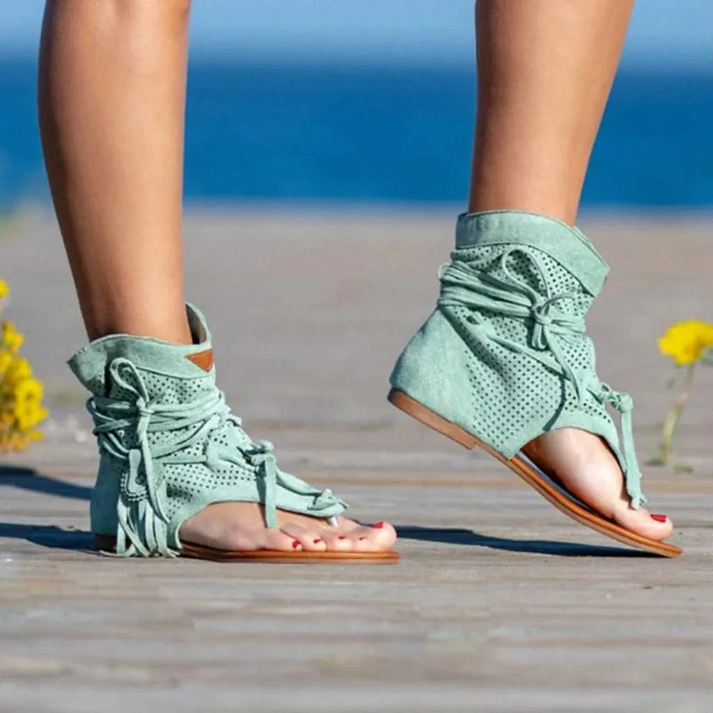 Eduavar Sandals Women Comfortable, Orthopedic Sandals for Women Bohemian Gladiator Fringe Flat Clip Toe Ankle Boots