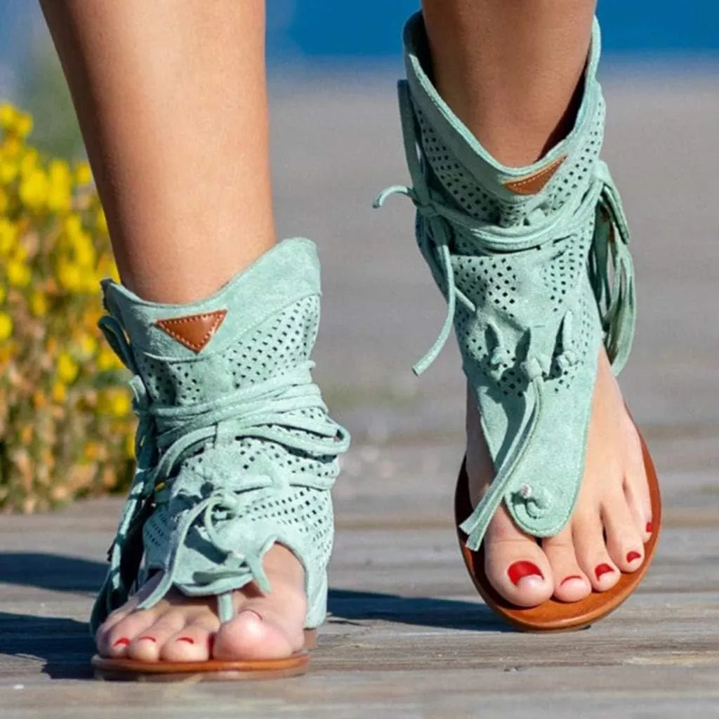 Eduavar Sandals Women Comfortable, Orthopedic Sandals for Women Bohemian Gladiator Fringe Flat Clip Toe Ankle Boots