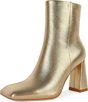 Eldof Square Toe Ankle Boots for Women Block Heel Chunky Gogo Boots High Heeled Short Booties Side Zipper 3 Inches