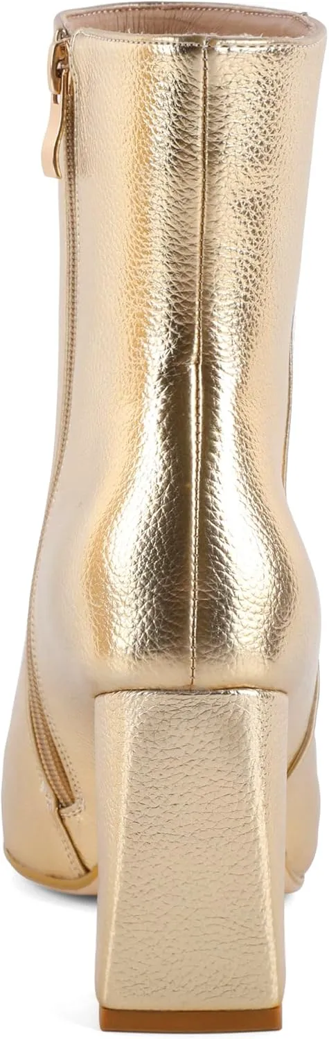 Eldof Square Toe Ankle Boots for Women Block Heel Chunky Gogo Boots High Heeled Short Booties Side Zipper 3 Inches