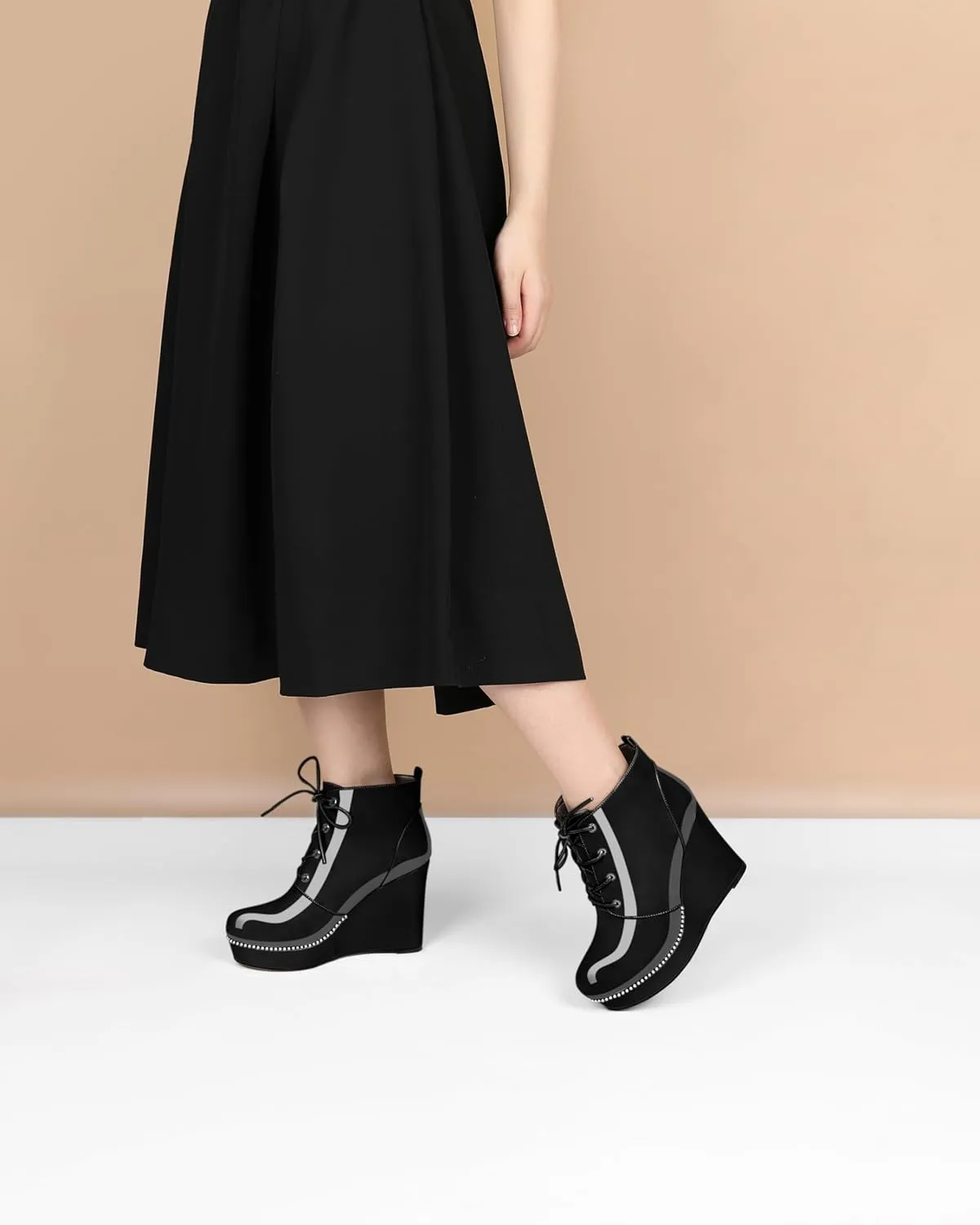 Eldof Wedge Ankle Boots for Women Round Toe Lace Up Beaded High Heeled Short Booties 4 Inches Patent Leather