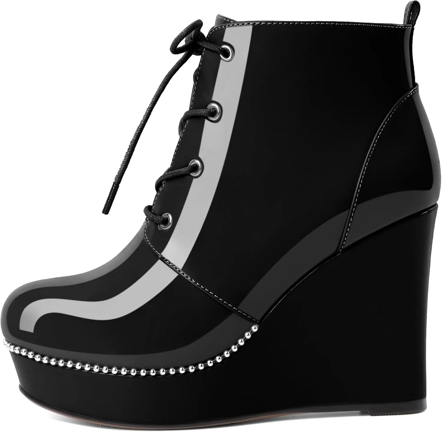 Eldof Wedge Ankle Boots for Women Round Toe Lace Up Beaded High Heeled Short Booties 4 Inches Patent Leather