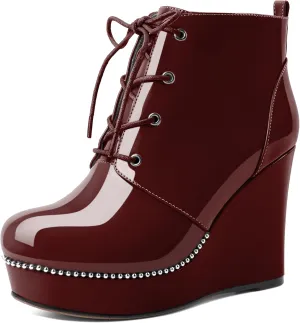 Eldof Wedge Ankle Boots for Women Round Toe Lace Up Beaded High Heeled Short Booties 4 Inches Patent Leather