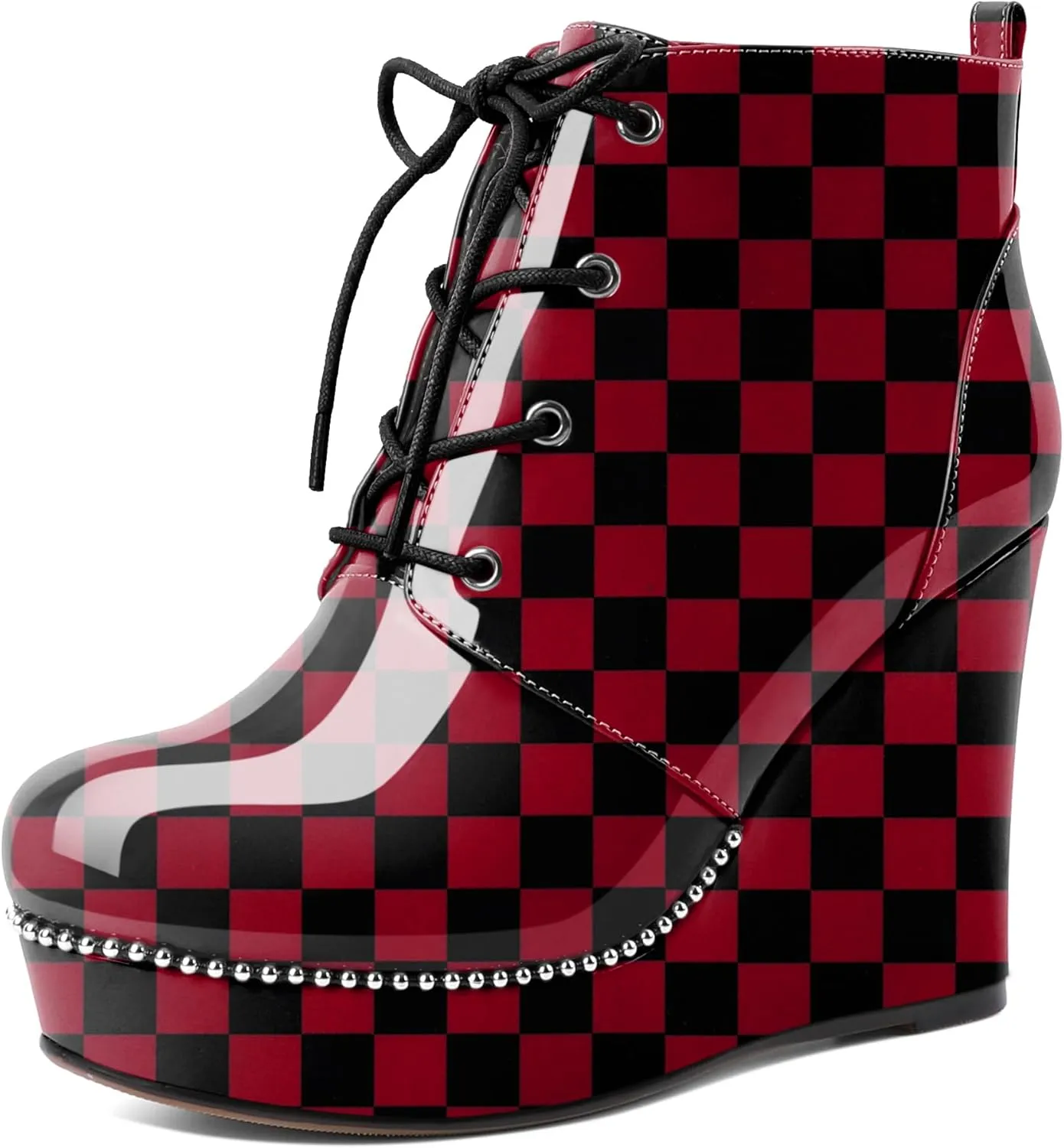 Eldof Wedge Ankle Boots for Women Round Toe Lace Up Beaded High Heeled Short Booties 4 Inches Patent Leather