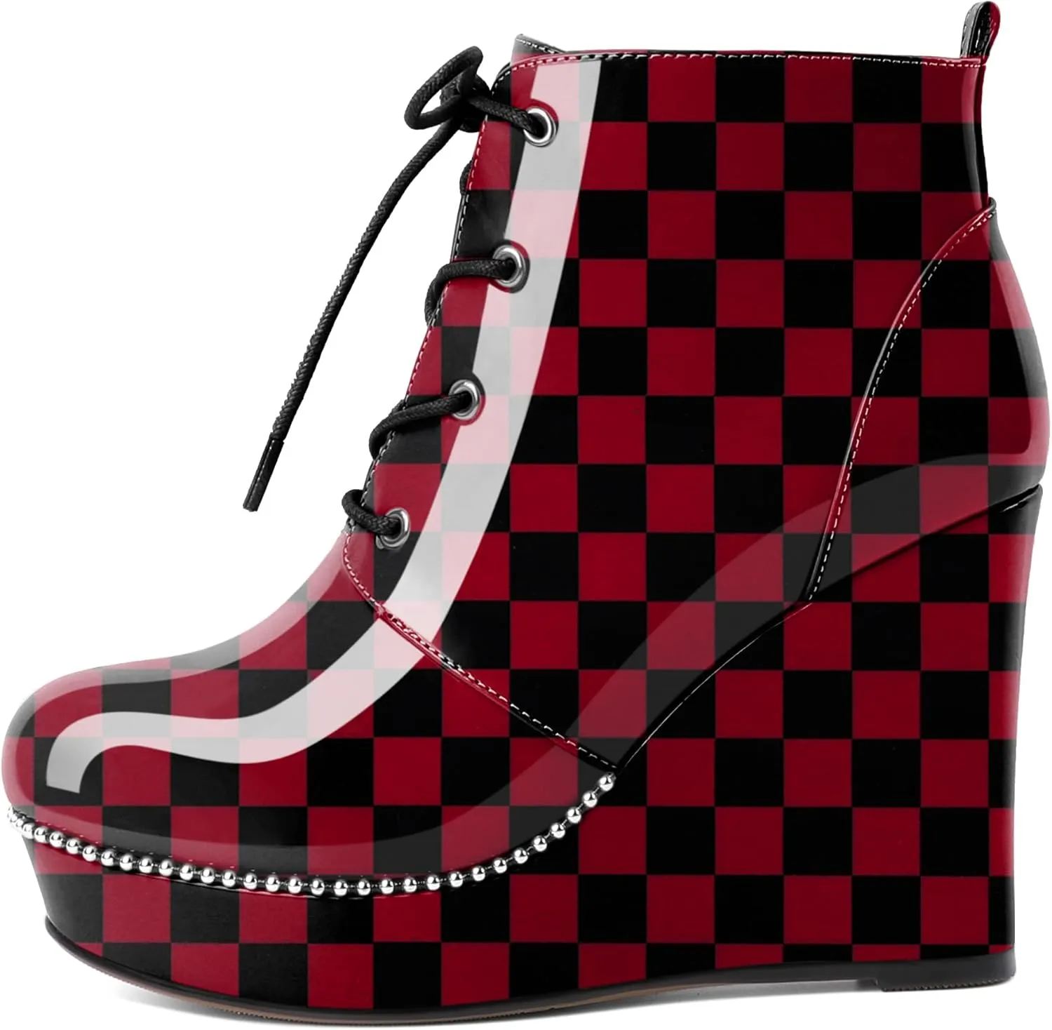 Eldof Wedge Ankle Boots for Women Round Toe Lace Up Beaded High Heeled Short Booties 4 Inches Patent Leather