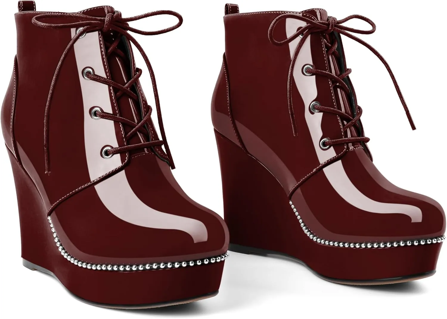 Eldof Wedge Ankle Boots for Women Round Toe Lace Up Beaded High Heeled Short Booties 4 Inches Patent Leather