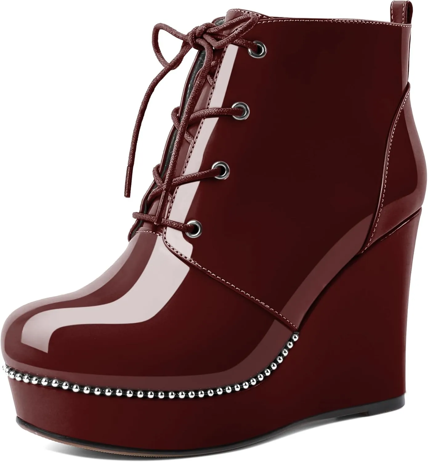Eldof Wedge Ankle Boots for Women Round Toe Lace Up Beaded High Heeled Short Booties 4 Inches Patent Leather
