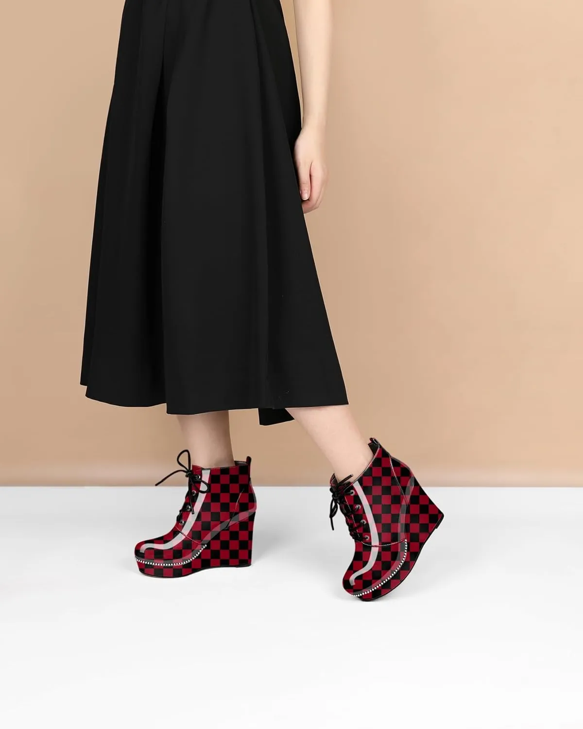 Eldof Wedge Ankle Boots for Women Round Toe Lace Up Beaded High Heeled Short Booties 4 Inches Patent Leather