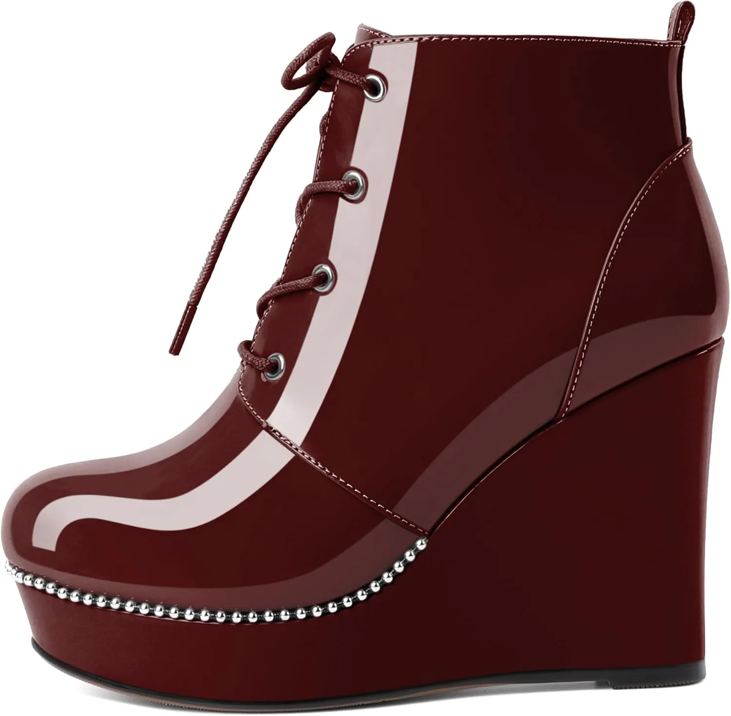 Eldof Wedge Ankle Boots for Women Round Toe Lace Up Beaded High Heeled Short Booties 4 Inches Patent Leather