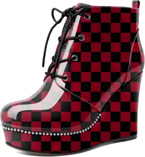 Eldof Wedge Ankle Boots for Women Round Toe Lace Up Beaded High Heeled Short Booties 4 Inches Patent Leather