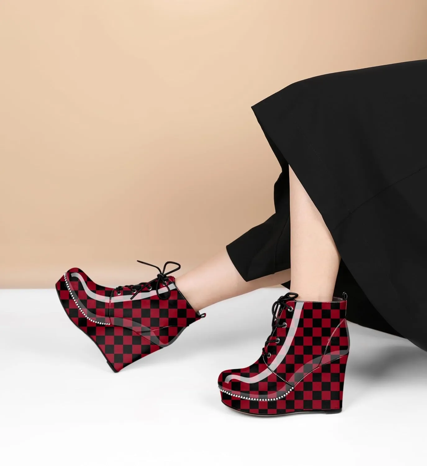 Eldof Wedge Ankle Boots for Women Round Toe Lace Up Beaded High Heeled Short Booties 4 Inches Patent Leather