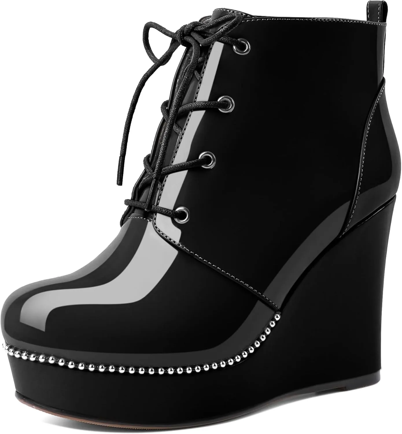 Eldof Wedge Ankle Boots for Women Round Toe Lace Up Beaded High Heeled Short Booties 4 Inches Patent Leather