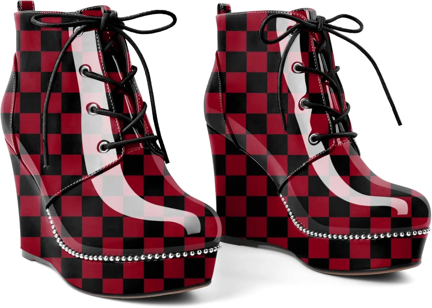 Eldof Wedge Ankle Boots for Women Round Toe Lace Up Beaded High Heeled Short Booties 4 Inches Patent Leather