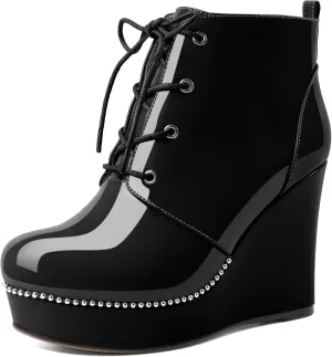Eldof Wedge Ankle Boots for Women Round Toe Lace Up Beaded High Heeled Short Booties 4 Inches Patent Leather