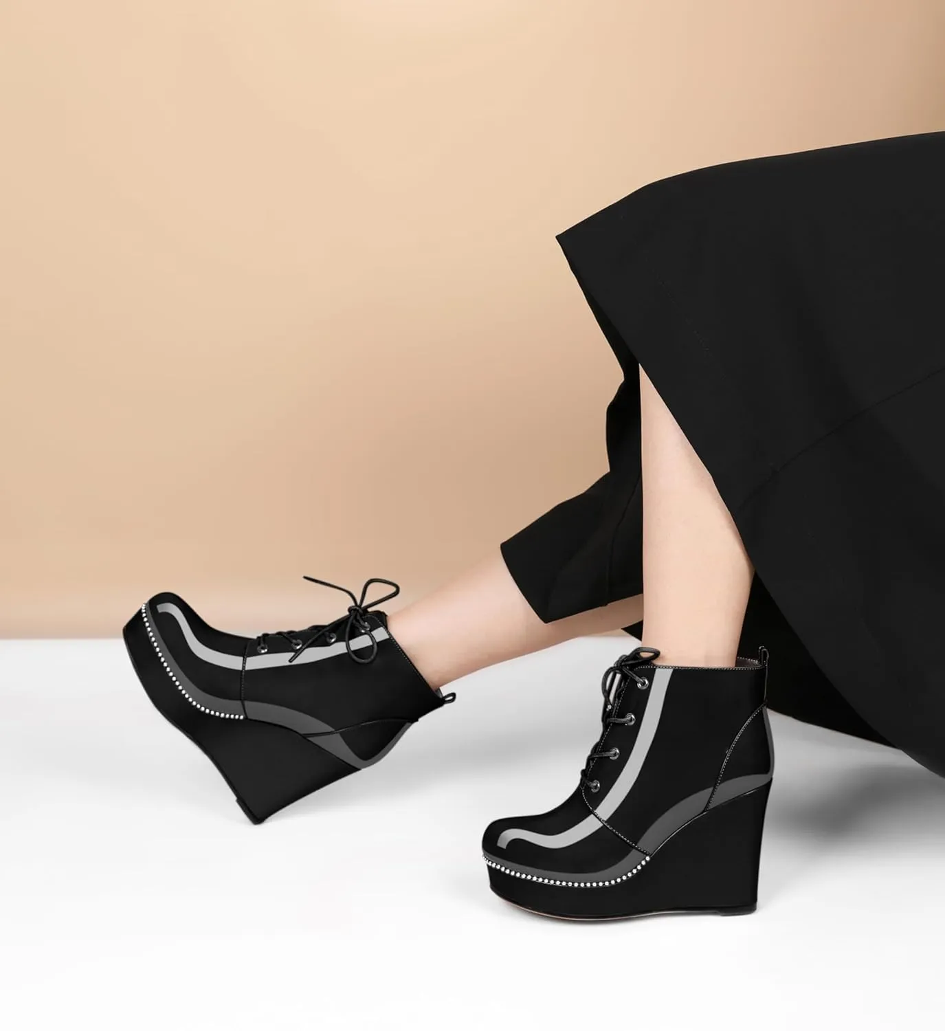 Eldof Wedge Ankle Boots for Women Round Toe Lace Up Beaded High Heeled Short Booties 4 Inches Patent Leather