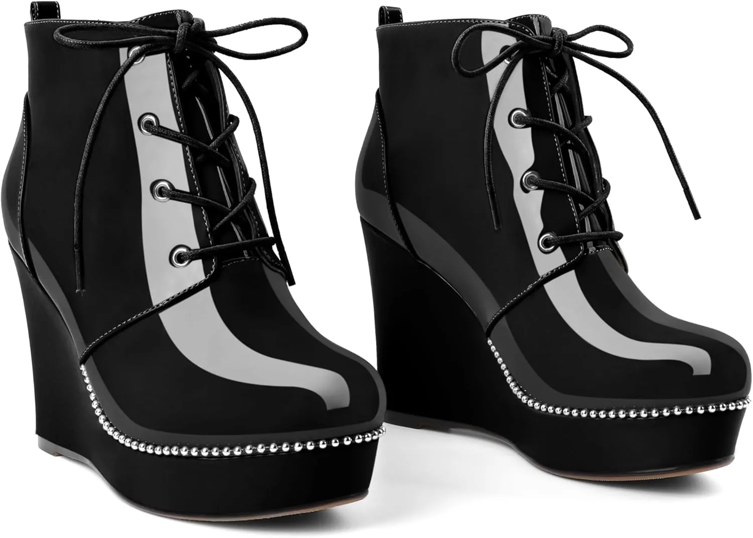 Eldof Wedge Ankle Boots for Women Round Toe Lace Up Beaded High Heeled Short Booties 4 Inches Patent Leather