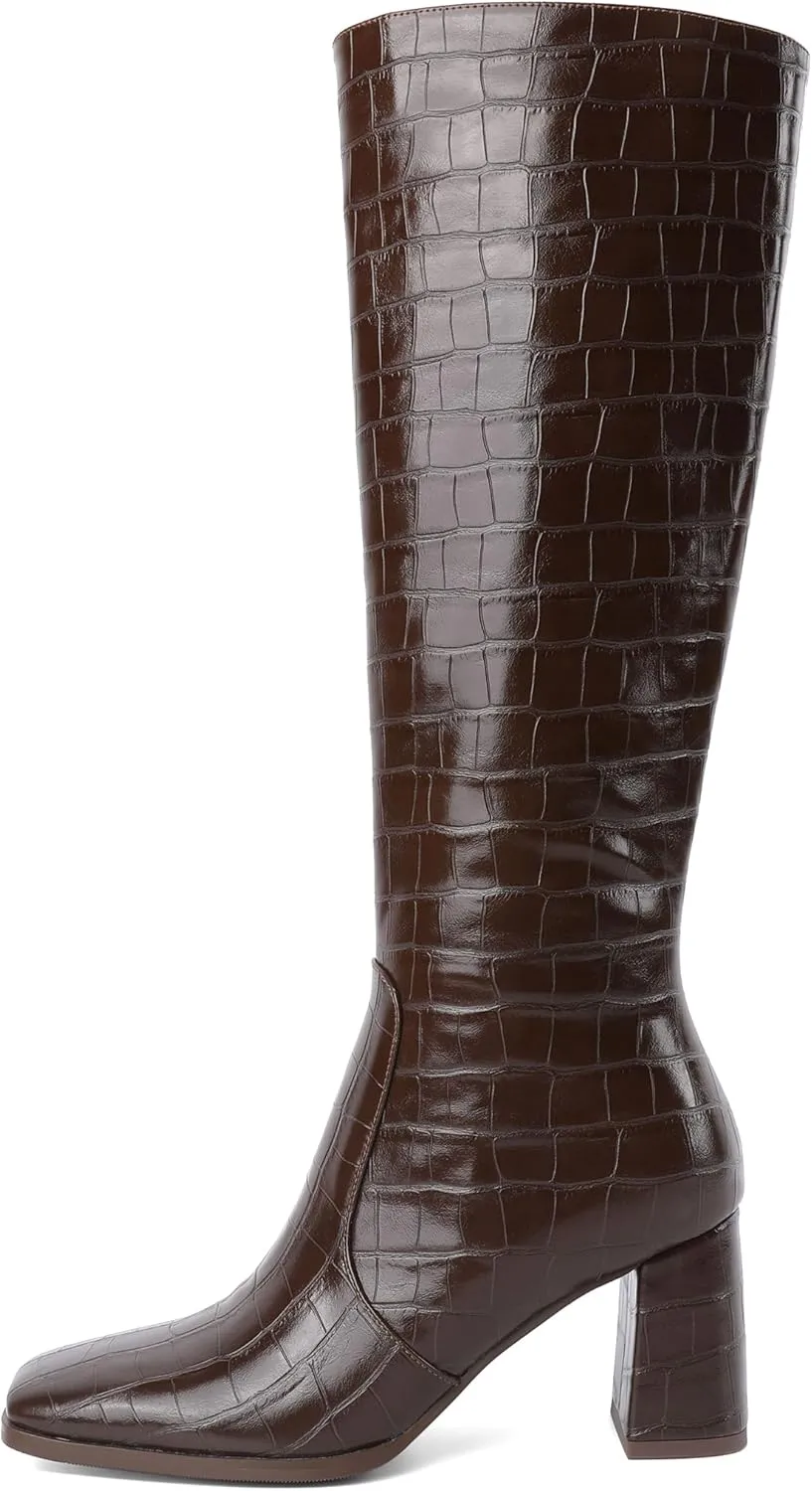 Eldof Women's Knee High Boots Square Toe Chunky Heel Tall Gogo Boots Zipper Closure 3 Inches
