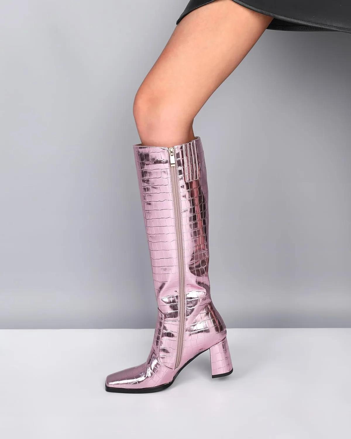 Eldof Women's Knee High Boots Square Toe Chunky Heel Tall Gogo Boots Zipper Closure 3 Inches