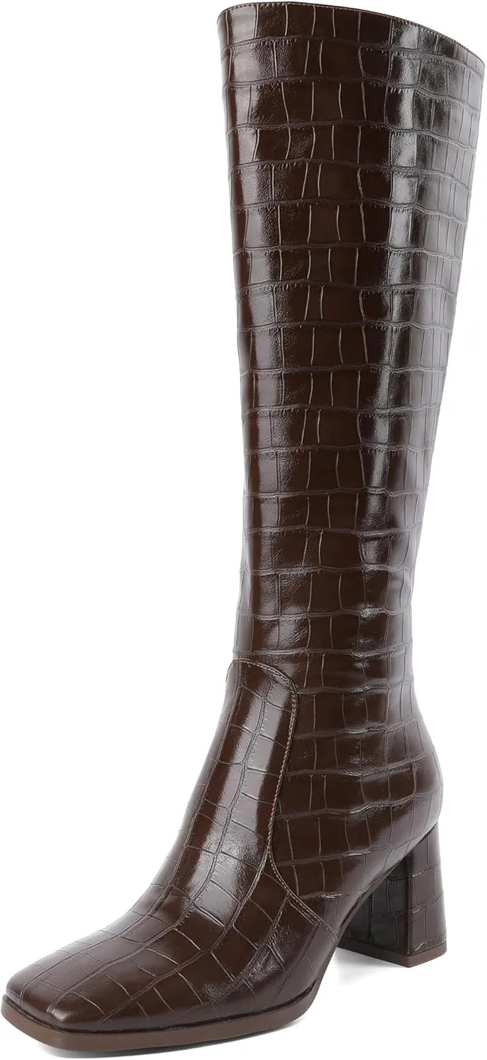 Eldof Women's Knee High Boots Square Toe Chunky Heel Tall Gogo Boots Zipper Closure 3 Inches