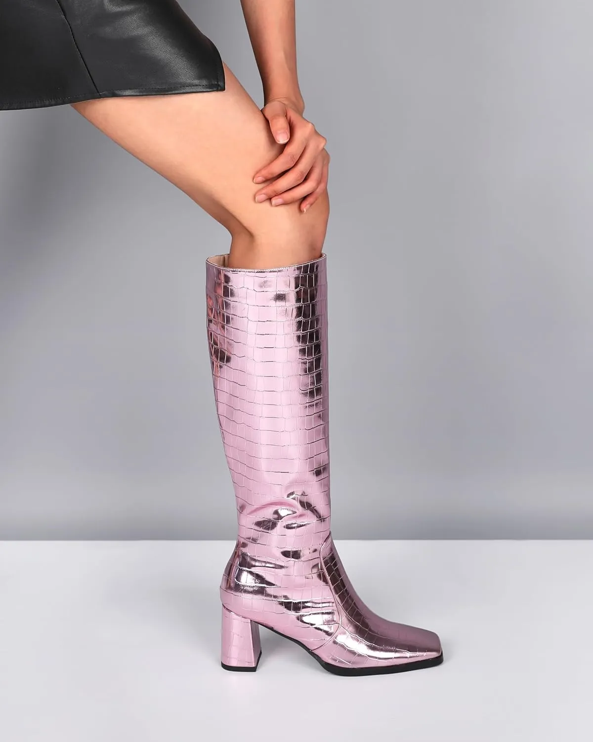 Eldof Women's Knee High Boots Square Toe Chunky Heel Tall Gogo Boots Zipper Closure 3 Inches
