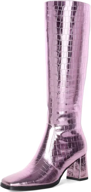 Eldof Women's Knee High Boots Square Toe Chunky Heel Tall Gogo Boots Zipper Closure 3 Inches