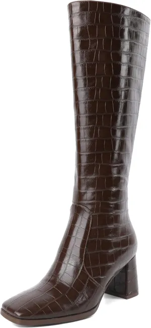 Eldof Women's Knee High Boots Square Toe Chunky Heel Tall Gogo Boots Zipper Closure 3 Inches