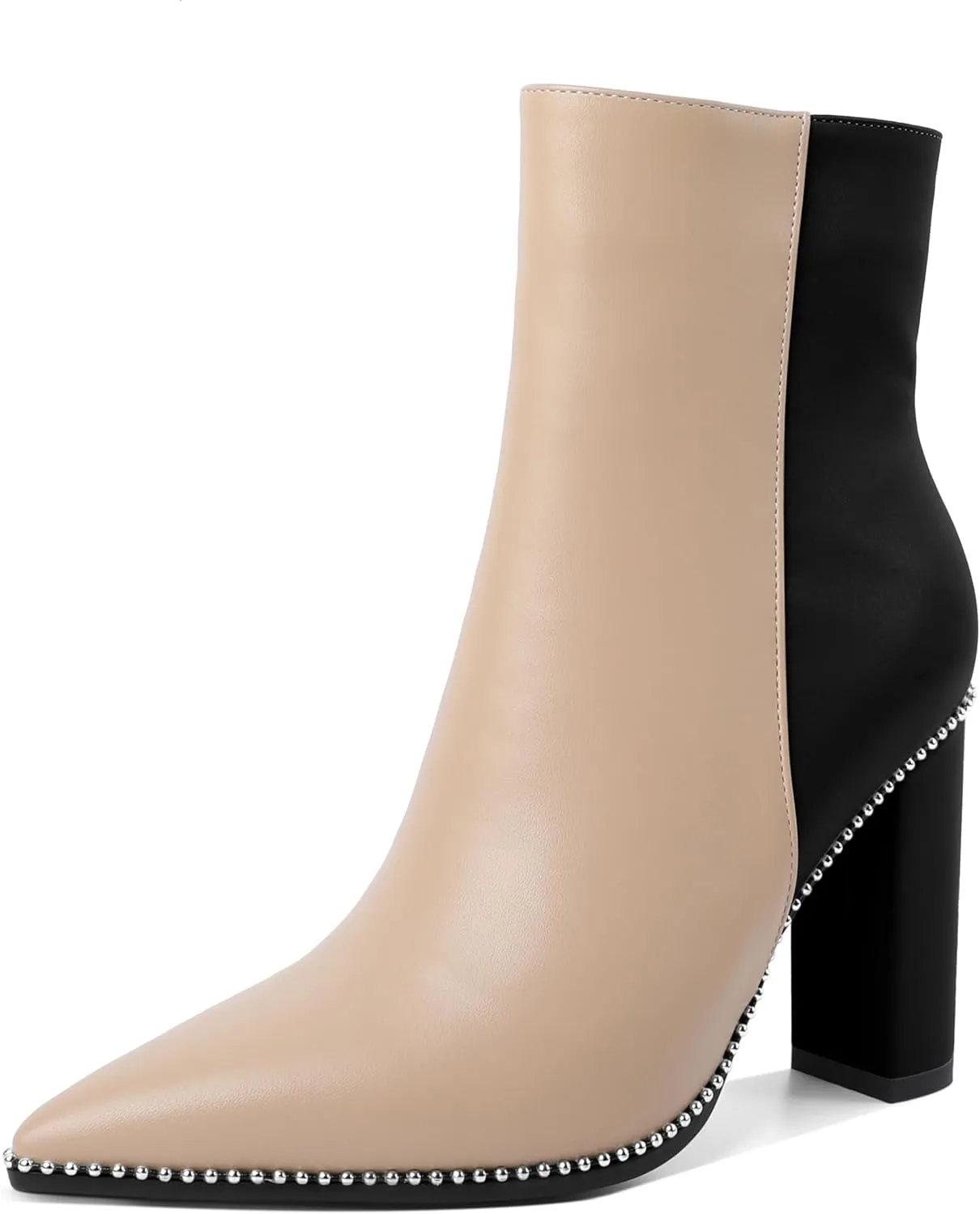 Eldof Womens Pointed Toe Beaded Chunky Ankle Boots Side Zipper 3.5 Inches