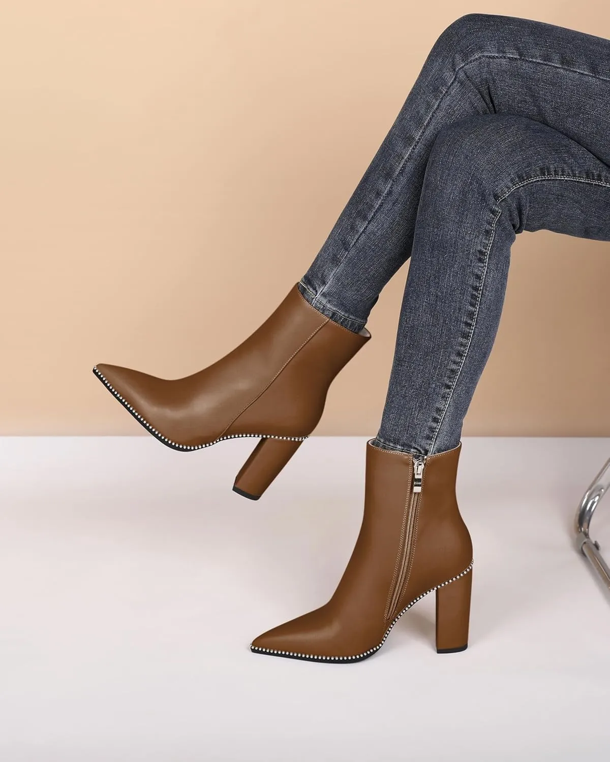 Eldof Womens Pointed Toe Beaded Chunky Ankle Boots Side Zipper 3.5 Inches