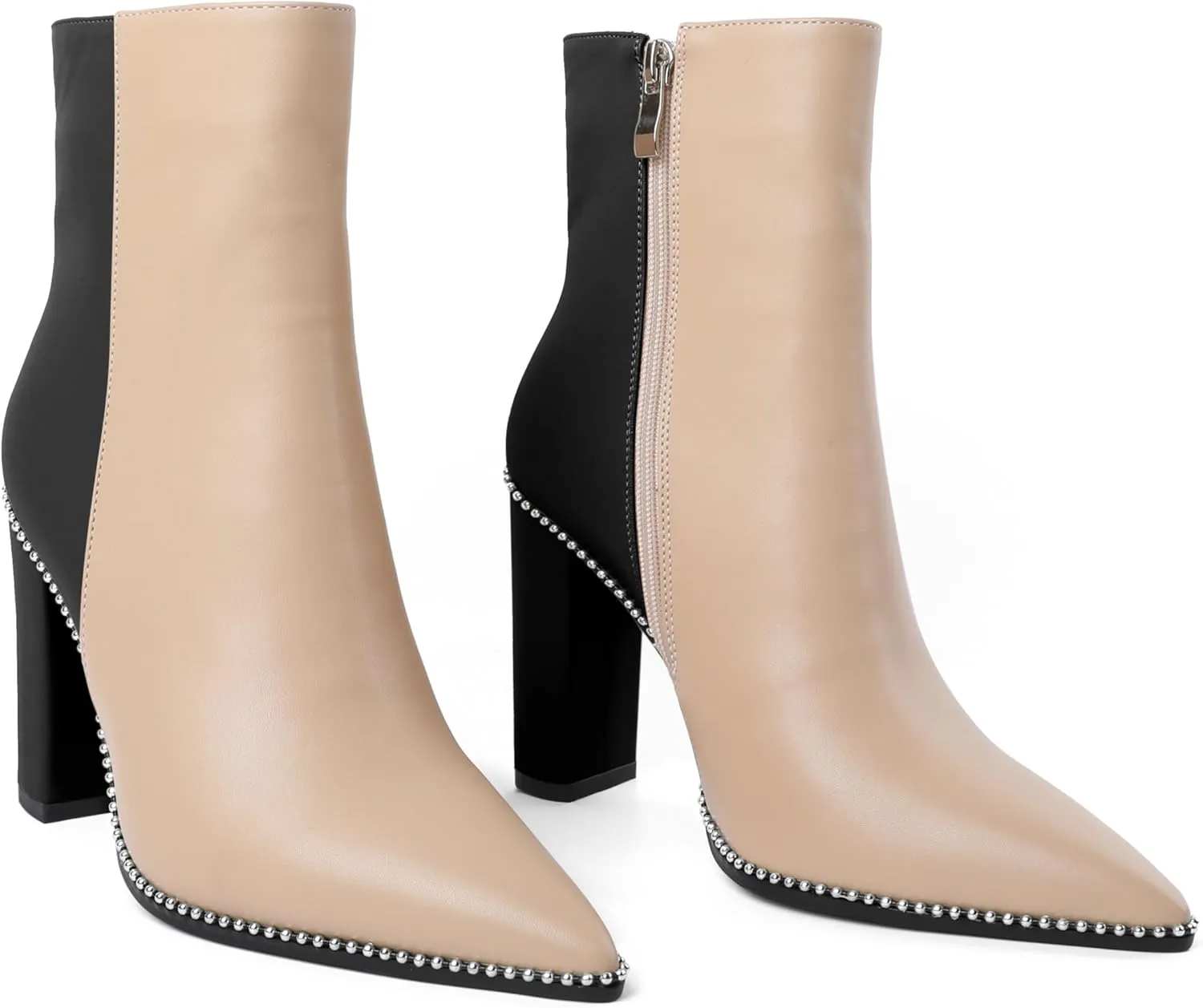 Eldof Womens Pointed Toe Beaded Chunky Ankle Boots Side Zipper 3.5 Inches