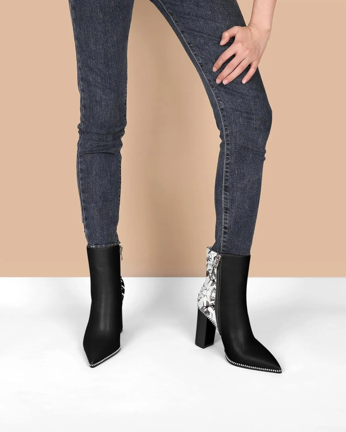 Eldof Womens Pointed Toe Beaded Chunky Ankle Boots Side Zipper 3.5 Inches