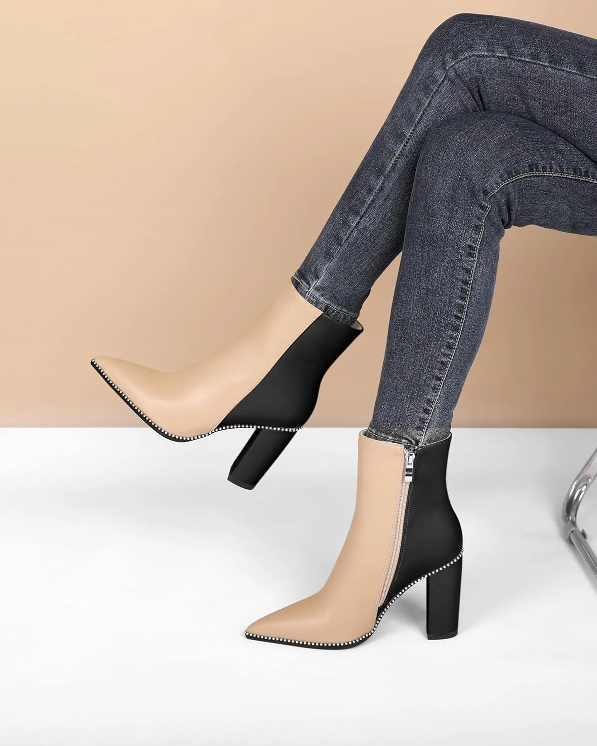 Eldof Womens Pointed Toe Beaded Chunky Ankle Boots Side Zipper 3.5 Inches