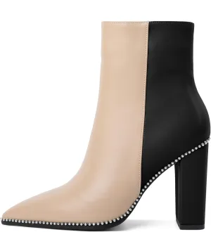 Eldof Womens Pointed Toe Beaded Chunky Ankle Boots Side Zipper 3.5 Inches