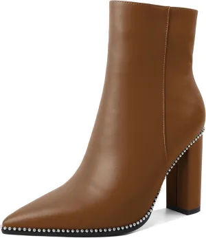 Eldof Womens Pointed Toe Beaded Chunky Ankle Boots Side Zipper 3.5 Inches