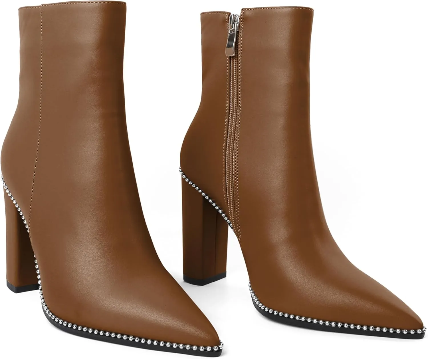 Eldof Womens Pointed Toe Beaded Chunky Ankle Boots Side Zipper 3.5 Inches