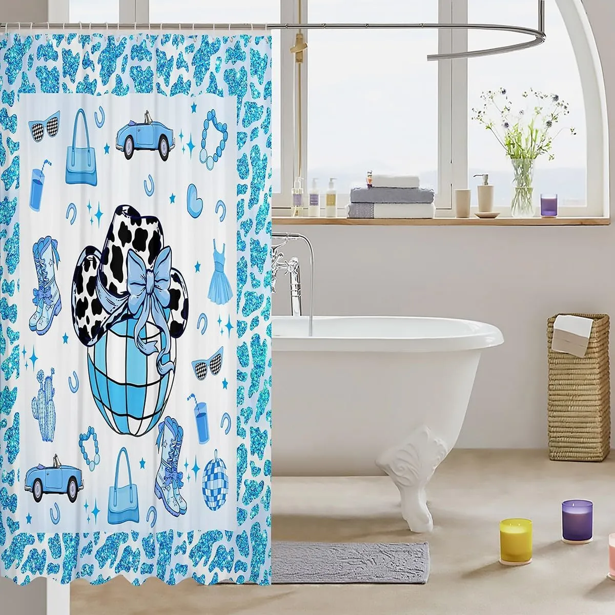 Erosebridal Cowboy Bathroom Curtain,Cowgirl Boots Hats Shower Curtain 72" W x 78" L,Southwestern Bathroom Accessories,Blue Hippie Cow Pattern Fabric Shower Curtains